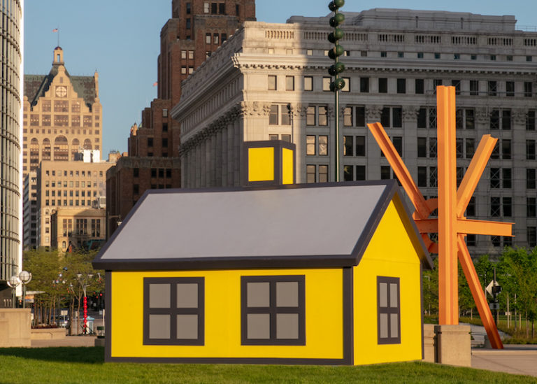 Great Lakes CCC members installation of the Richard Woods Holiday Home for Sculpture Milwaukee 2019. © Richard Woods, Courtesy the artist for Sculpture Milwaukee